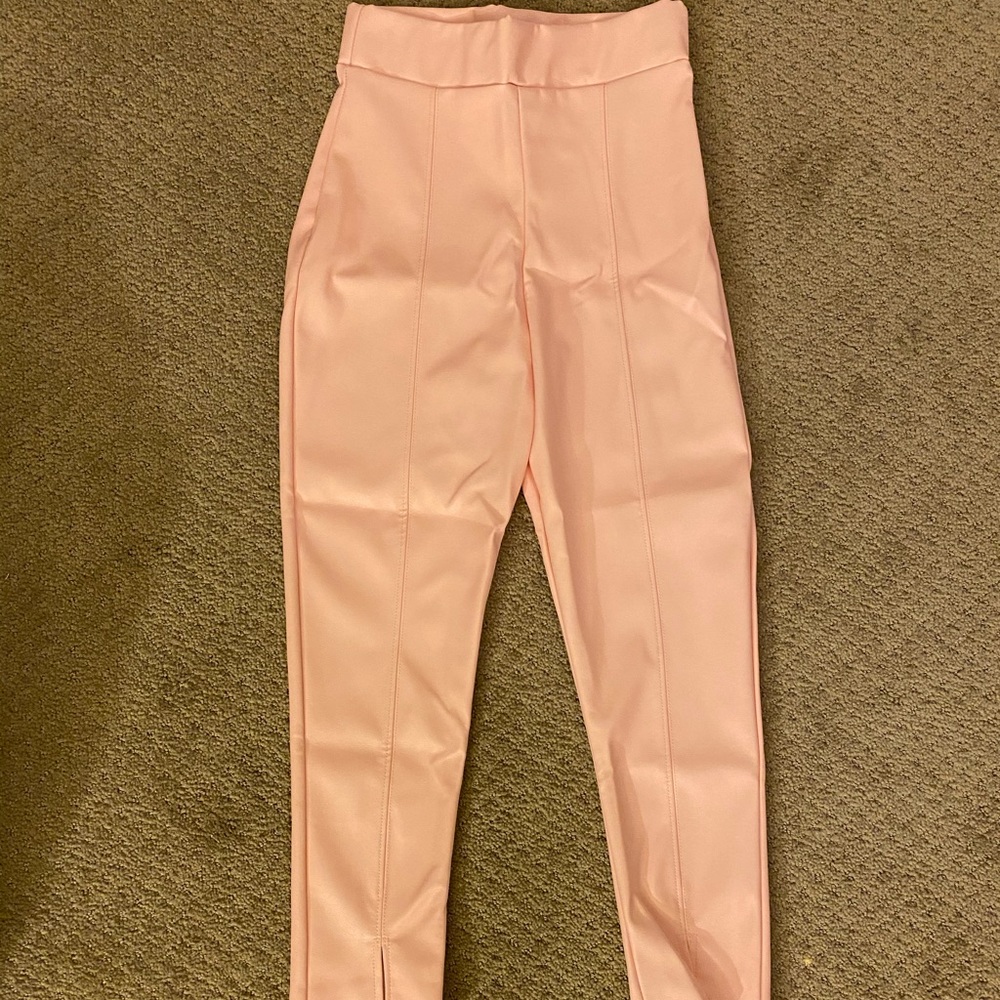 Dusty Pink Faux Leather Split Cropped Trouser